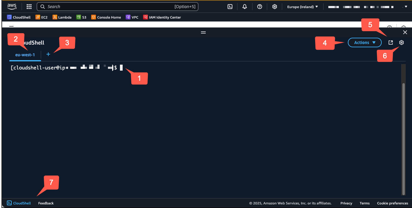 Hauptmerkmale der AWS CloudShell Benutzeroberfläche.